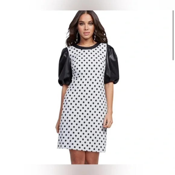 New York & Company | Dresses | New York Company Black Polka Dotprint Faux  Leather Sleeve Shift Dress Small | Poshmark